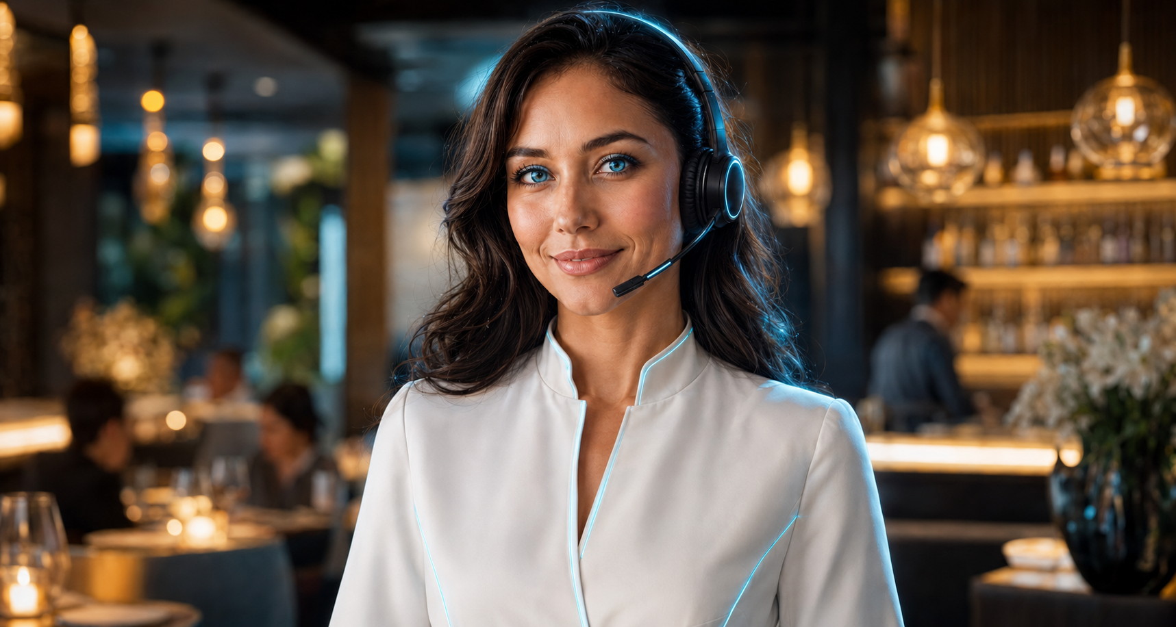 A smiling AI restaurant hostess wearing a headset, with subtle blue light around her irises, welcoming guests from a restaurant bar