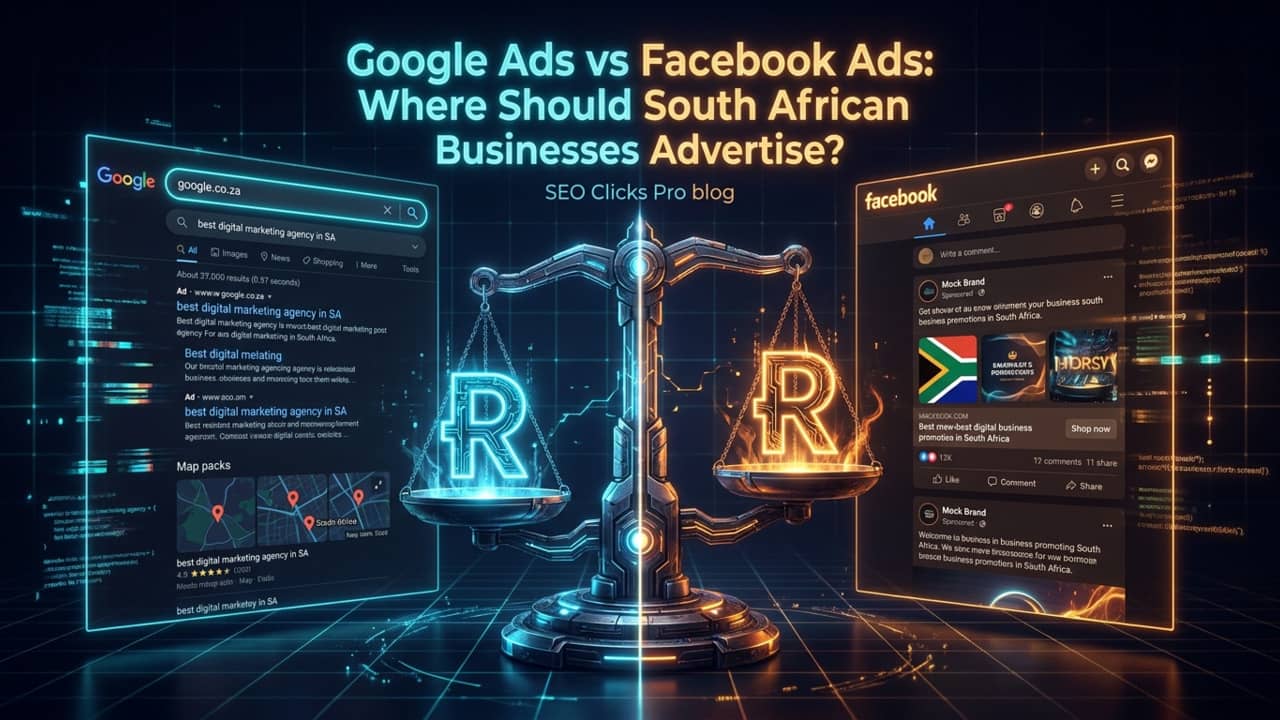 Bespoke SEO Clicks Pro comparison visual for Google Ads and Facebook Ads in South Africa.