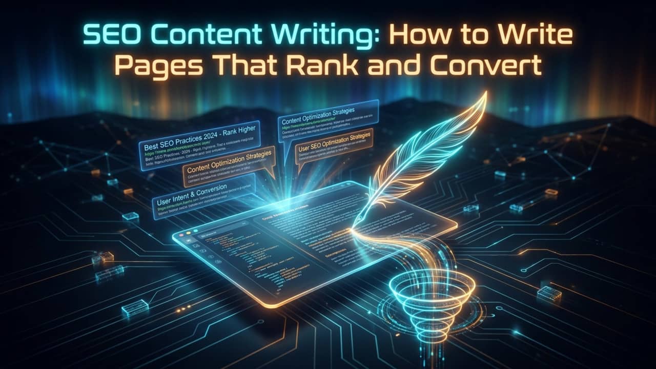 Bespoke SEO Clicks Pro visual showing search-led content moving from intent to ranking and conversion.