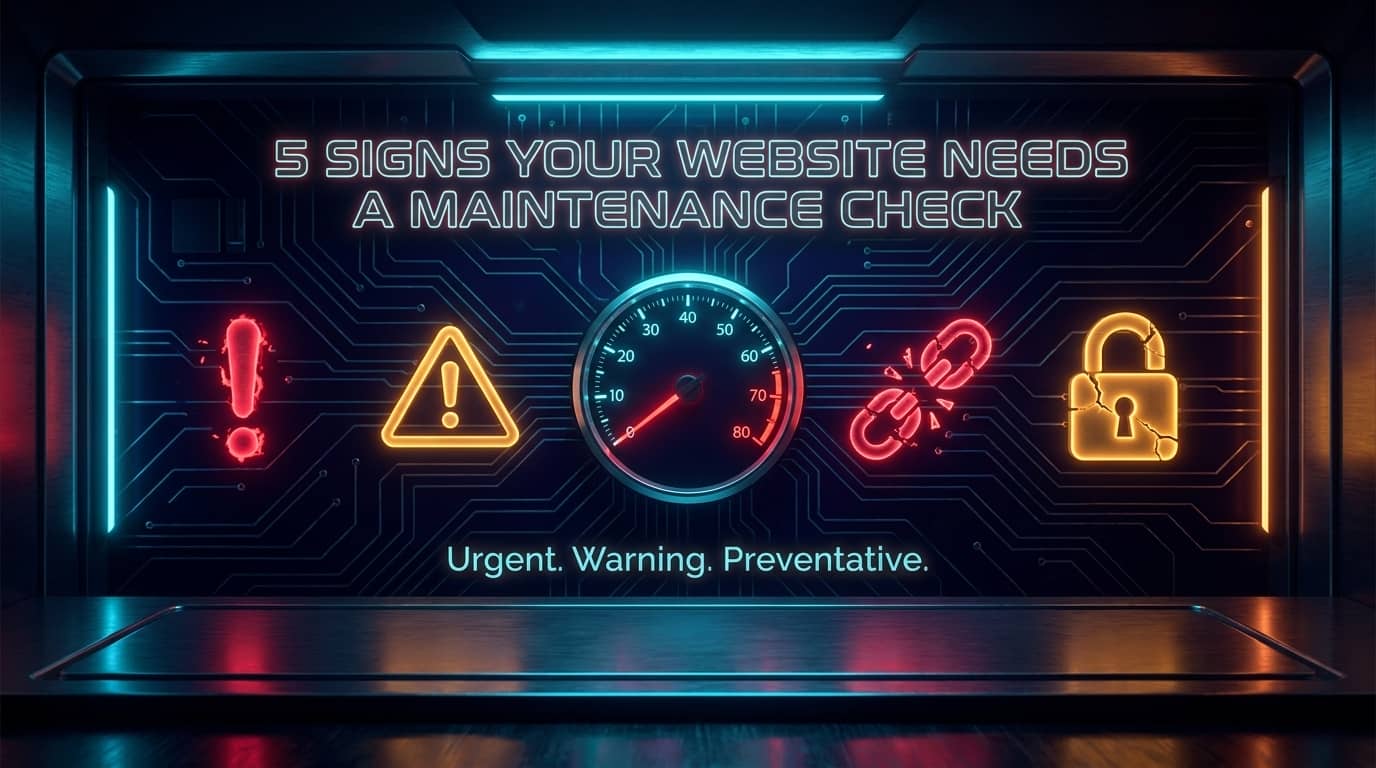 Bespoke SEO Clicks Pro visual showing website maintenance warning signs and technical risk signals.