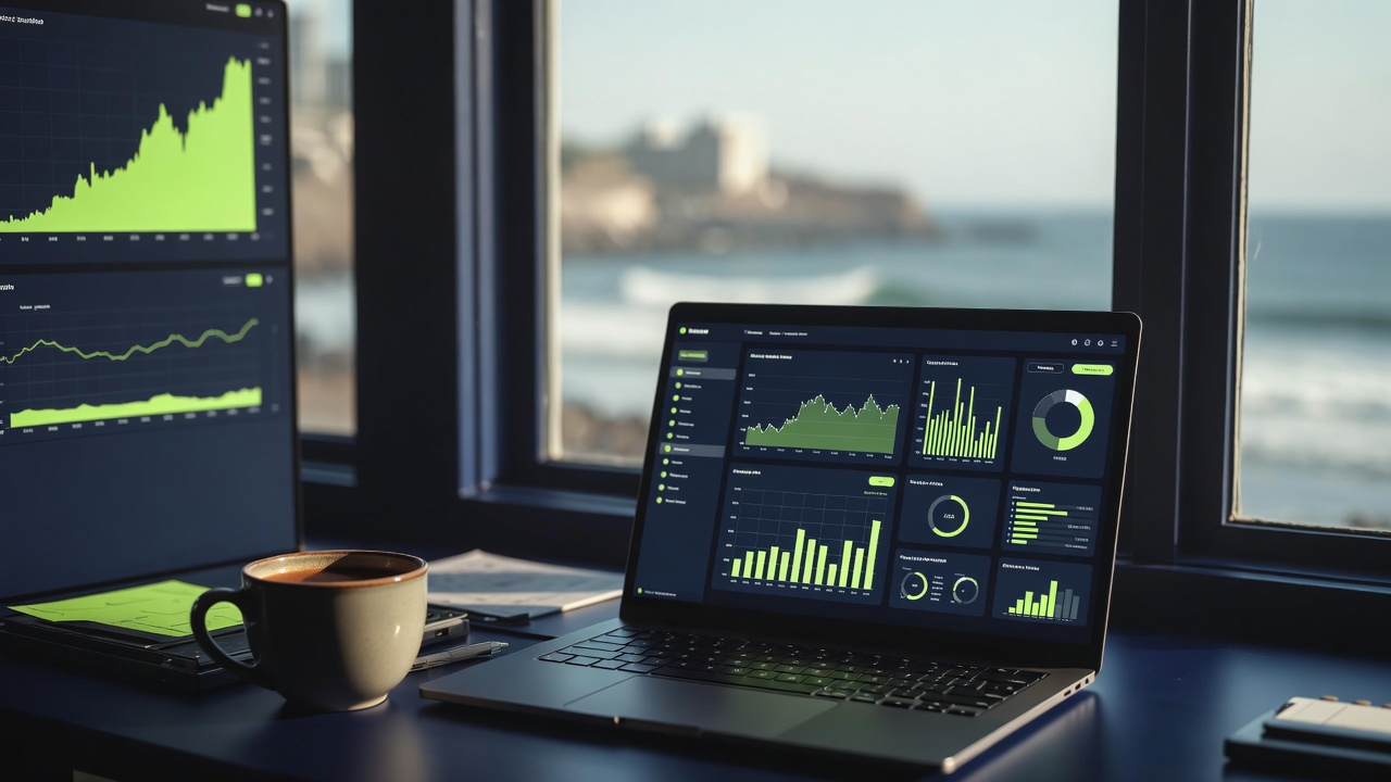 Digital marketing workspace in Durban with laptop showing AI analytics dashboards