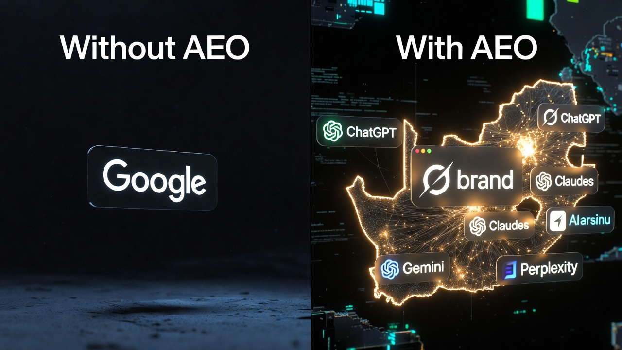 Split-screen comparison showing a brand invisible to AI on the left versus being cited across multiple AI platforms on the right