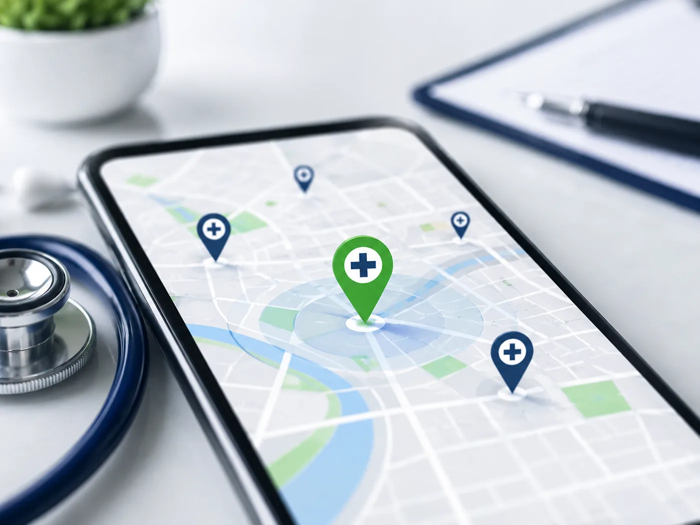 Healthcare map pins on a smartphone for local SEO visibility