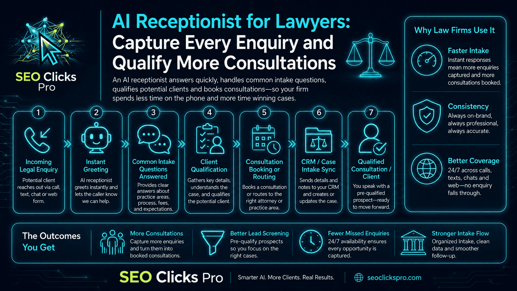 AI receptionist workflow for lawyers and law firms covering legal enquiries, approved intake questions, client qualification, consultation booking and case-intake handover.