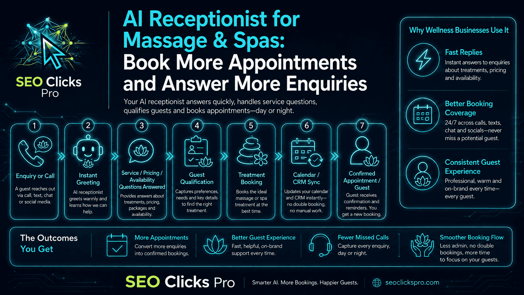 AI receptionist workflow for massage and spa businesses showing treatment enquiries, availability questions, guest qualification, booking, calendar sync and confirmed appointments.