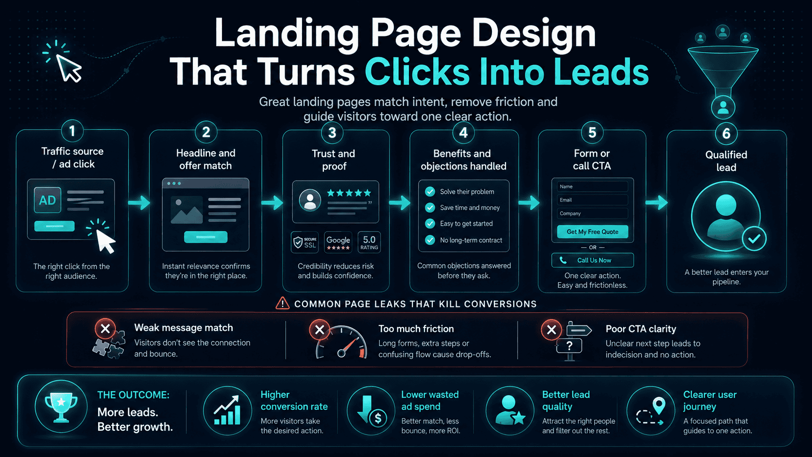 Landing page conversion workflow showing traffic source, message match, trust and proof, benefits, form or call to action and qualified lead generation.