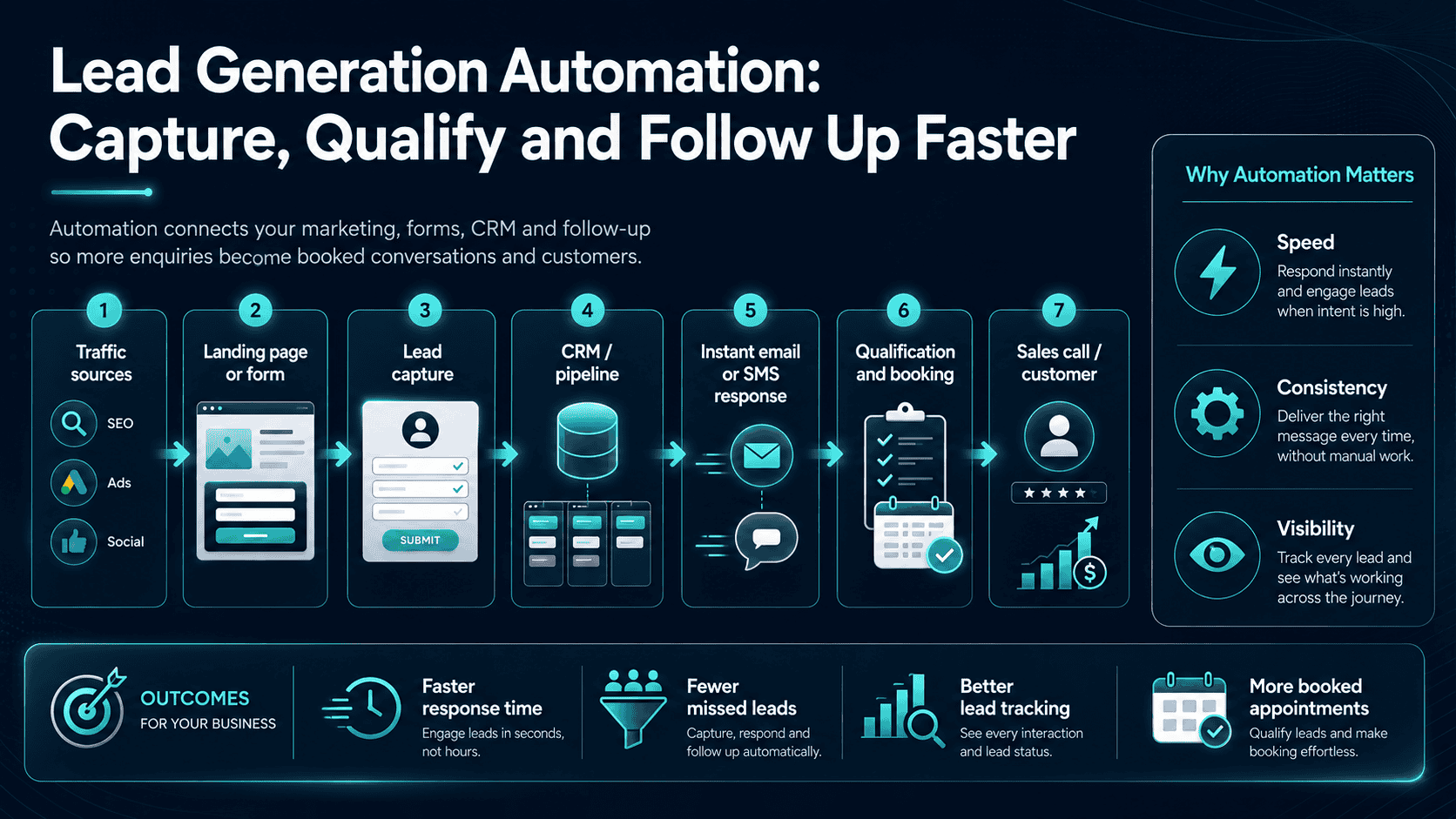 Lead generation automation workflow showing traffic sources, landing pages, forms, CRM pipeline, instant email or SMS response, qualification, booking and sales handoff.