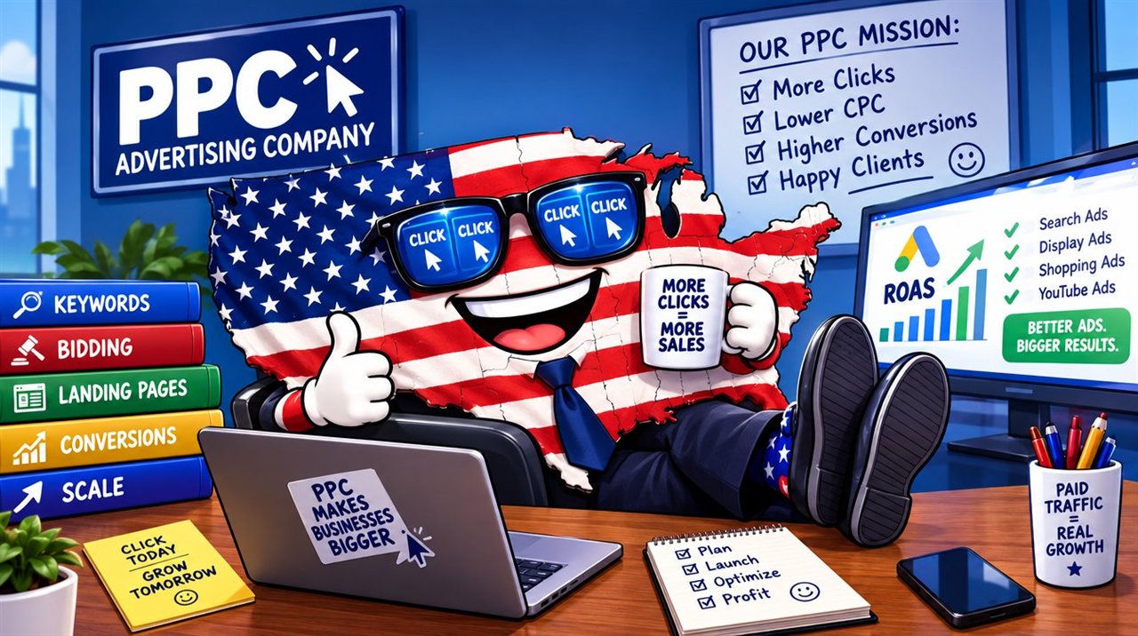 Illustration of a smiling United States map in sunglasses at a desk, holding a mug reading More Clicks More Sales, beside a screen showing ROAS and search, display, shopping and YouTube ads