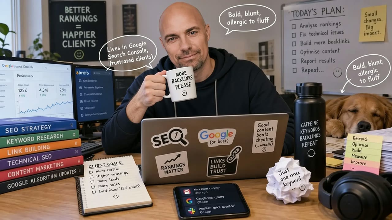 A bald SEO consultant in a dark hoodie at a cluttered desk, holding a mug reading More Backlinks Please, with search analytics and a keyword tool open on the monitors and a dog asleep beside the keyboard