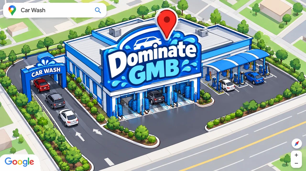 Illustration of a car wash business appearing in the Google Maps results for a car wash search, with its location pin on the map