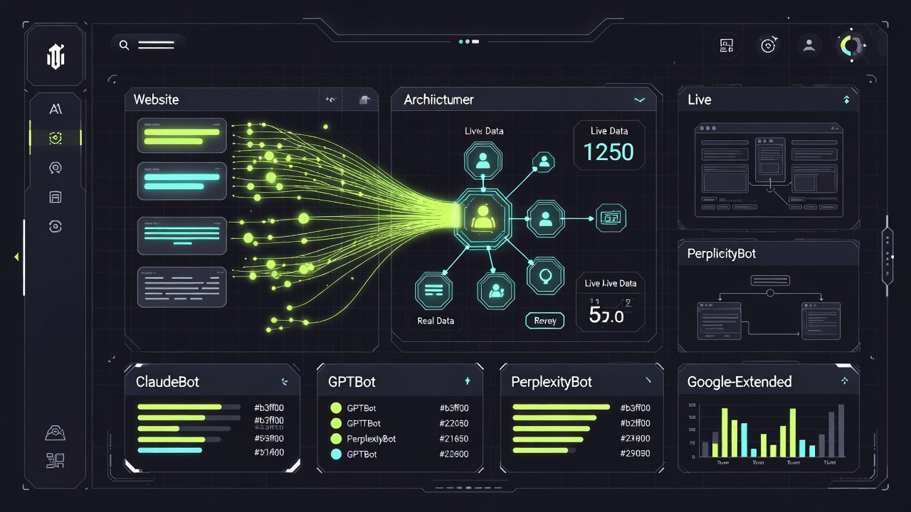 Real-time AI bot tracking dashboard showing ClaudeBot, GPTBot, PerplexityBot and Google-Extended crawling activity