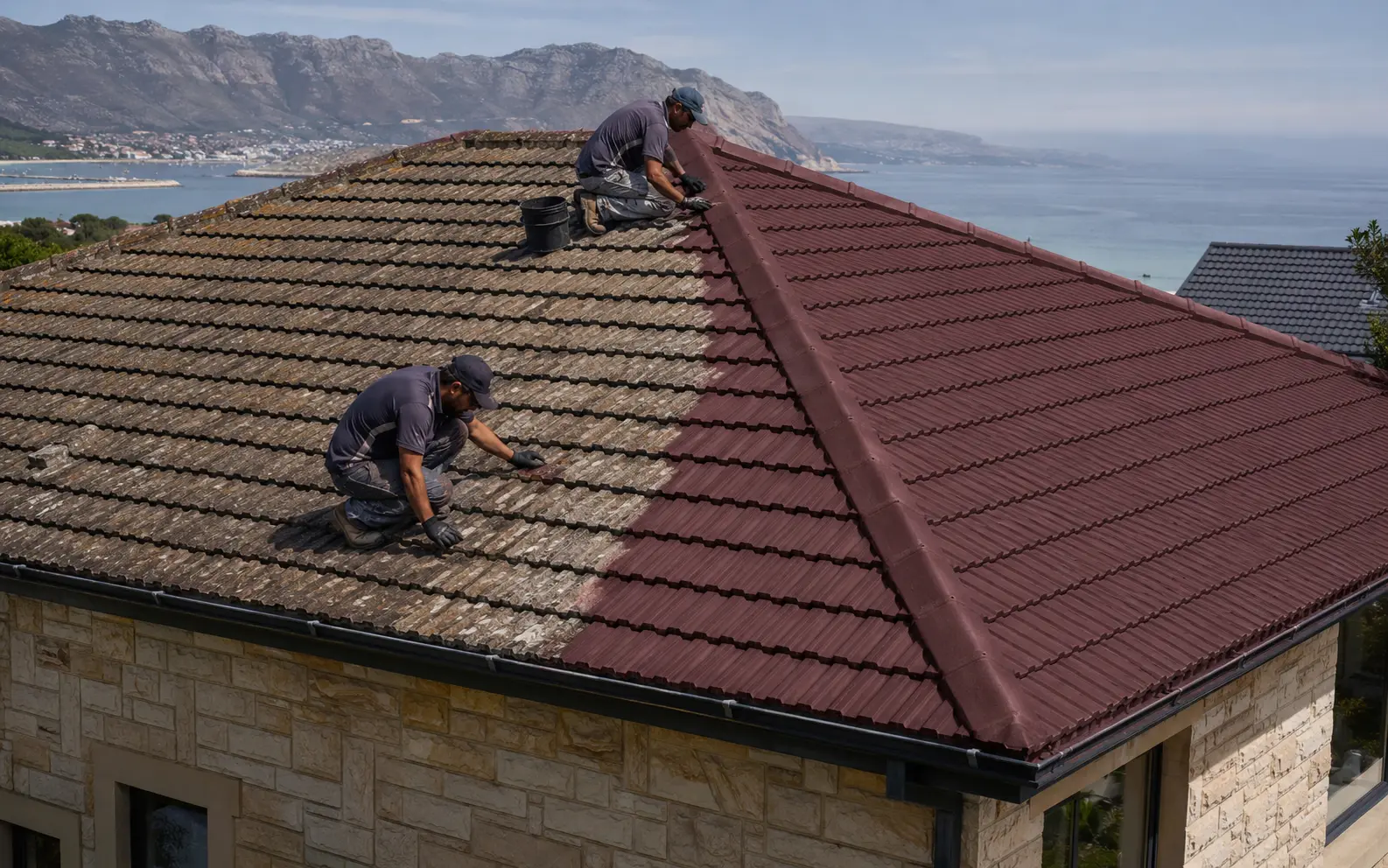 A weathered tile roof being restored to a deep burgundy finish