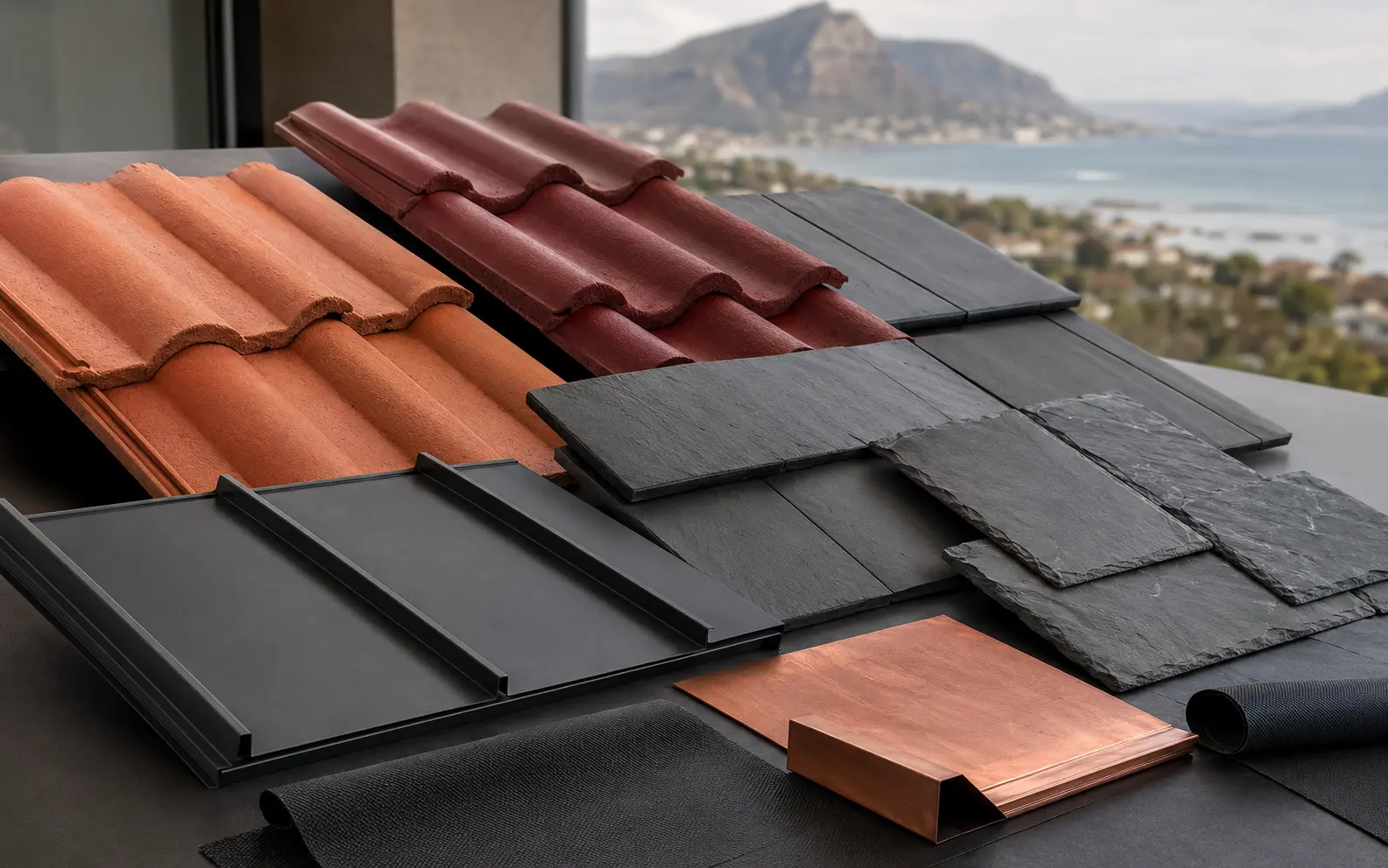Clay, concrete, slate and metal roofing material samples