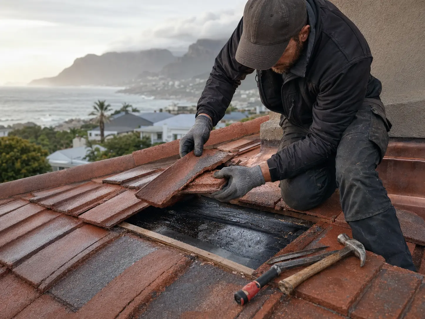 A roofer replacing damaged tiles and waterproof underlay