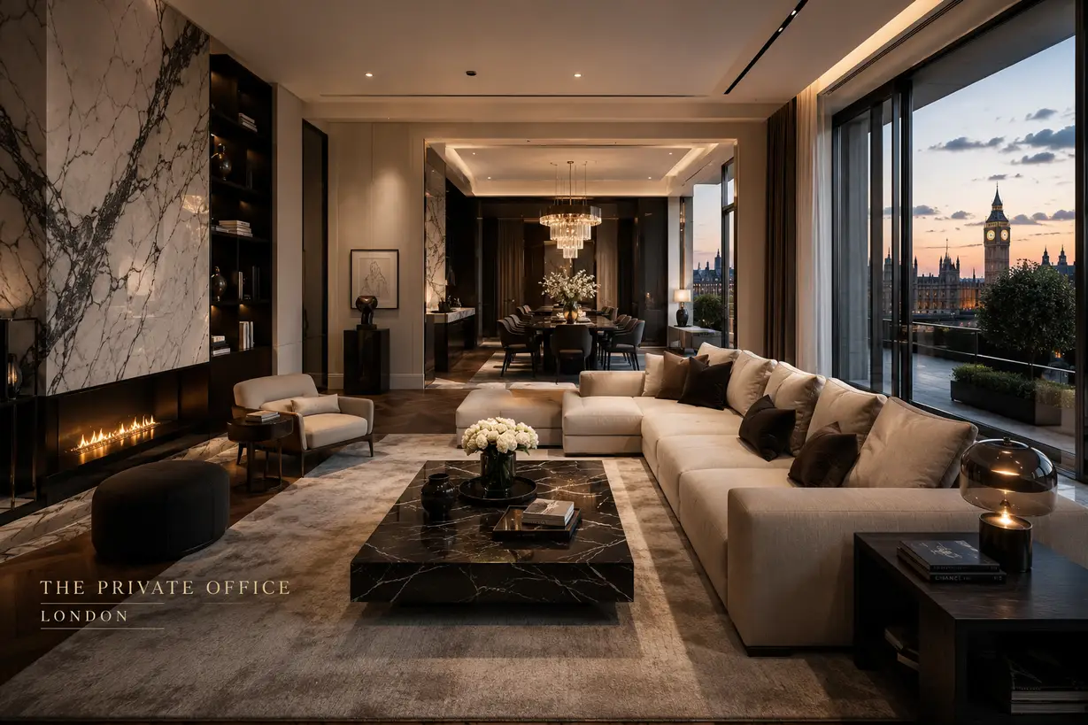 Art-filled luxury living room with tall windows and burgundy accents