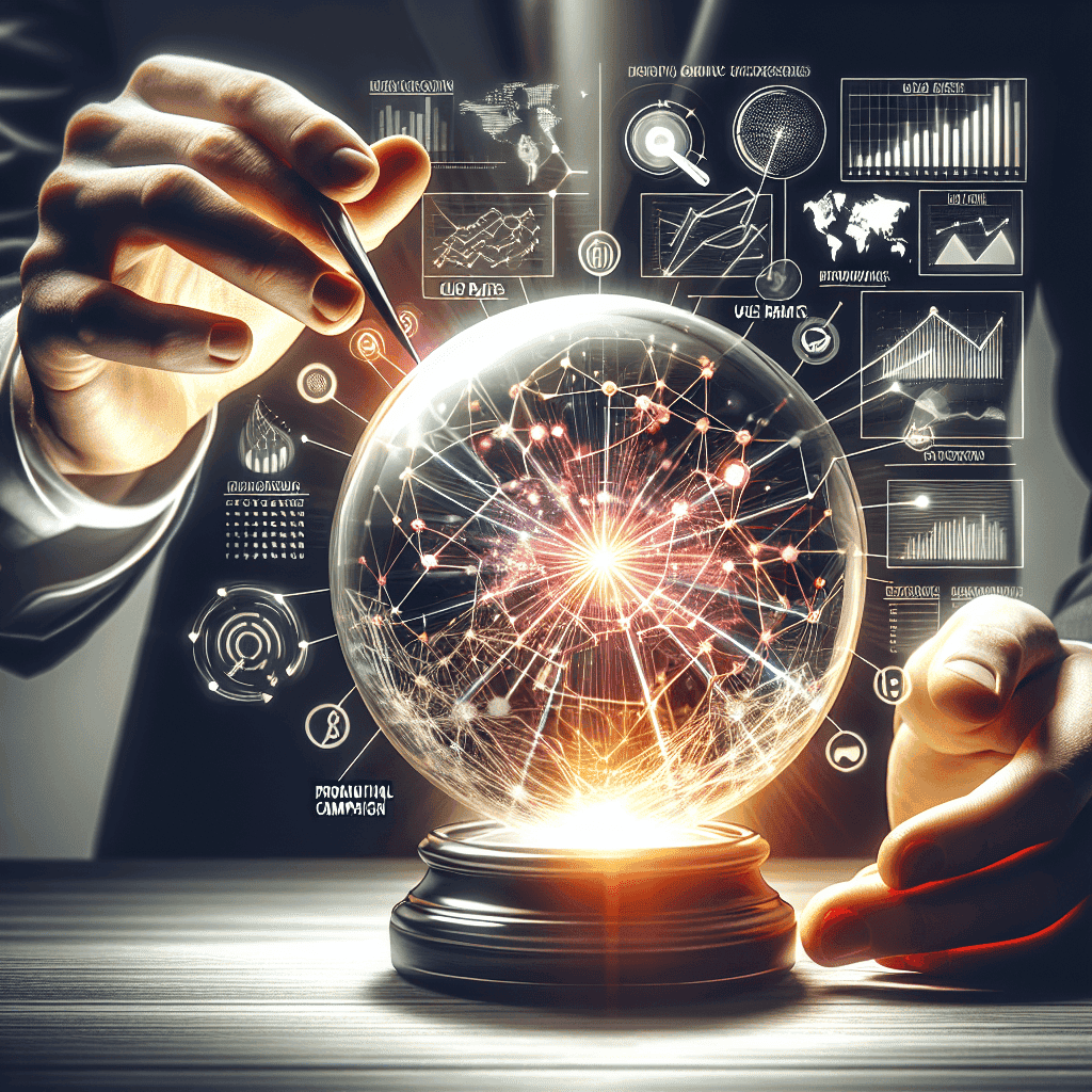A man in a suit holding a crystal ball with icons on it.
