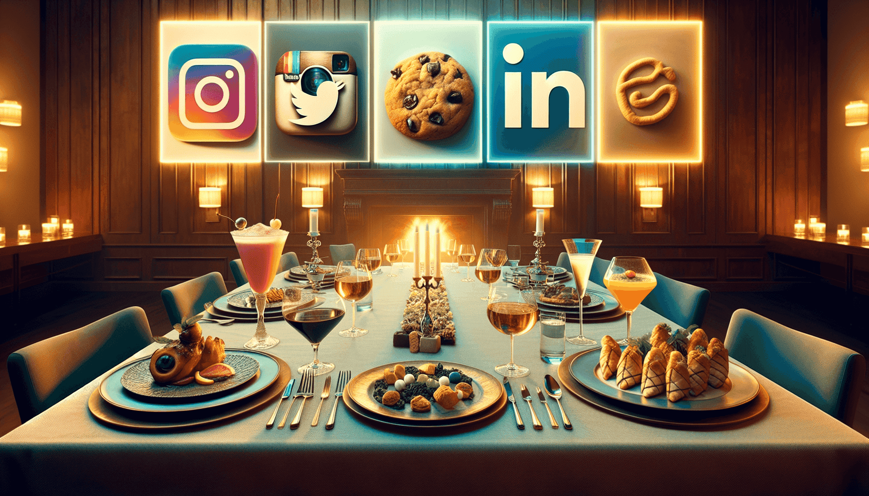 Elegant dinner table setup with social media icons (Instagram, Twitter, LinkedIn, TikTok) and cookies, ideal for social media marketing and digital branding events.