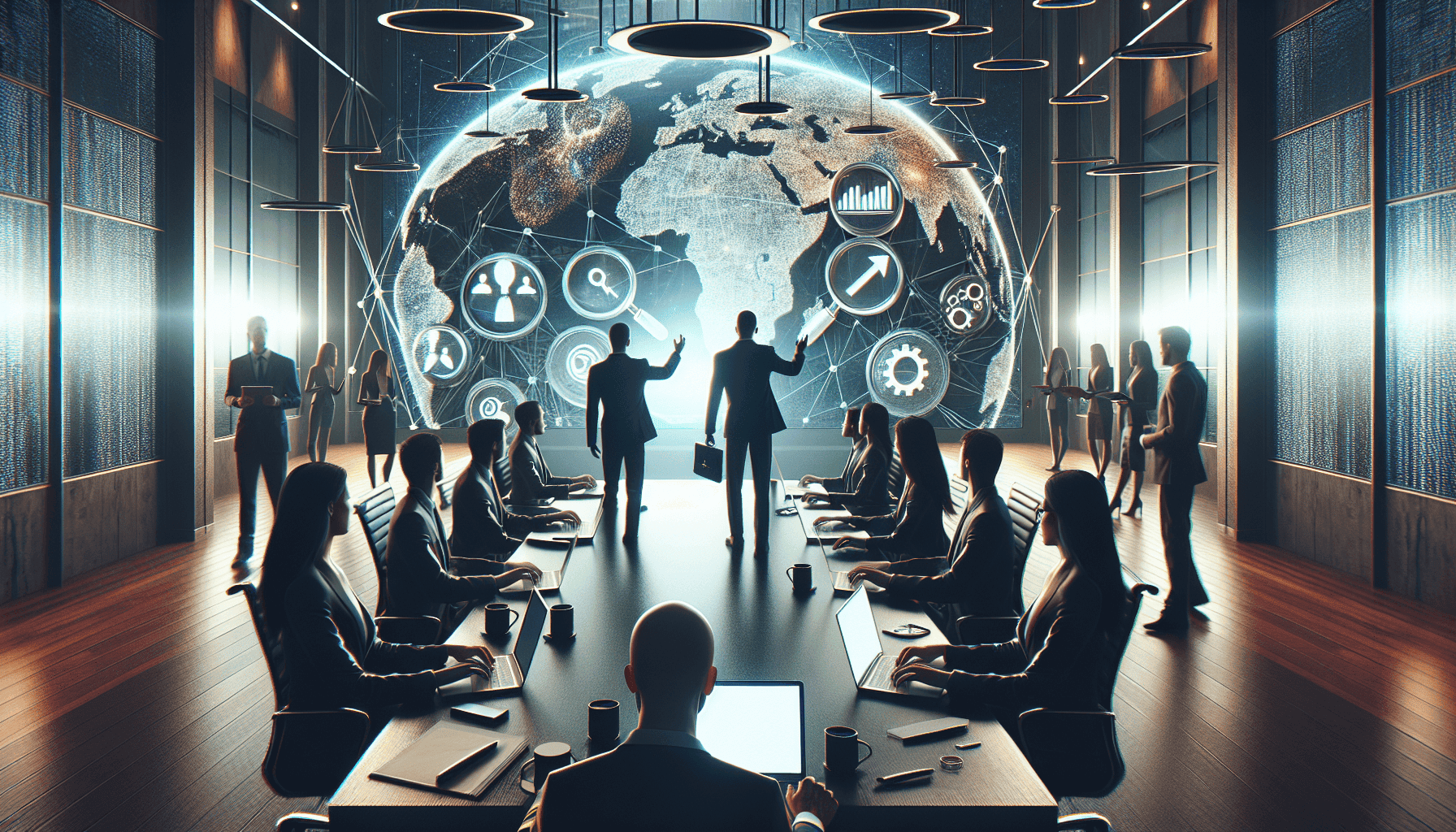Business conference with professionals in a high-tech, digital environment, featuring a large globe and data icons, emphasizing global connectivity, digital marketing, and SEO strategies.