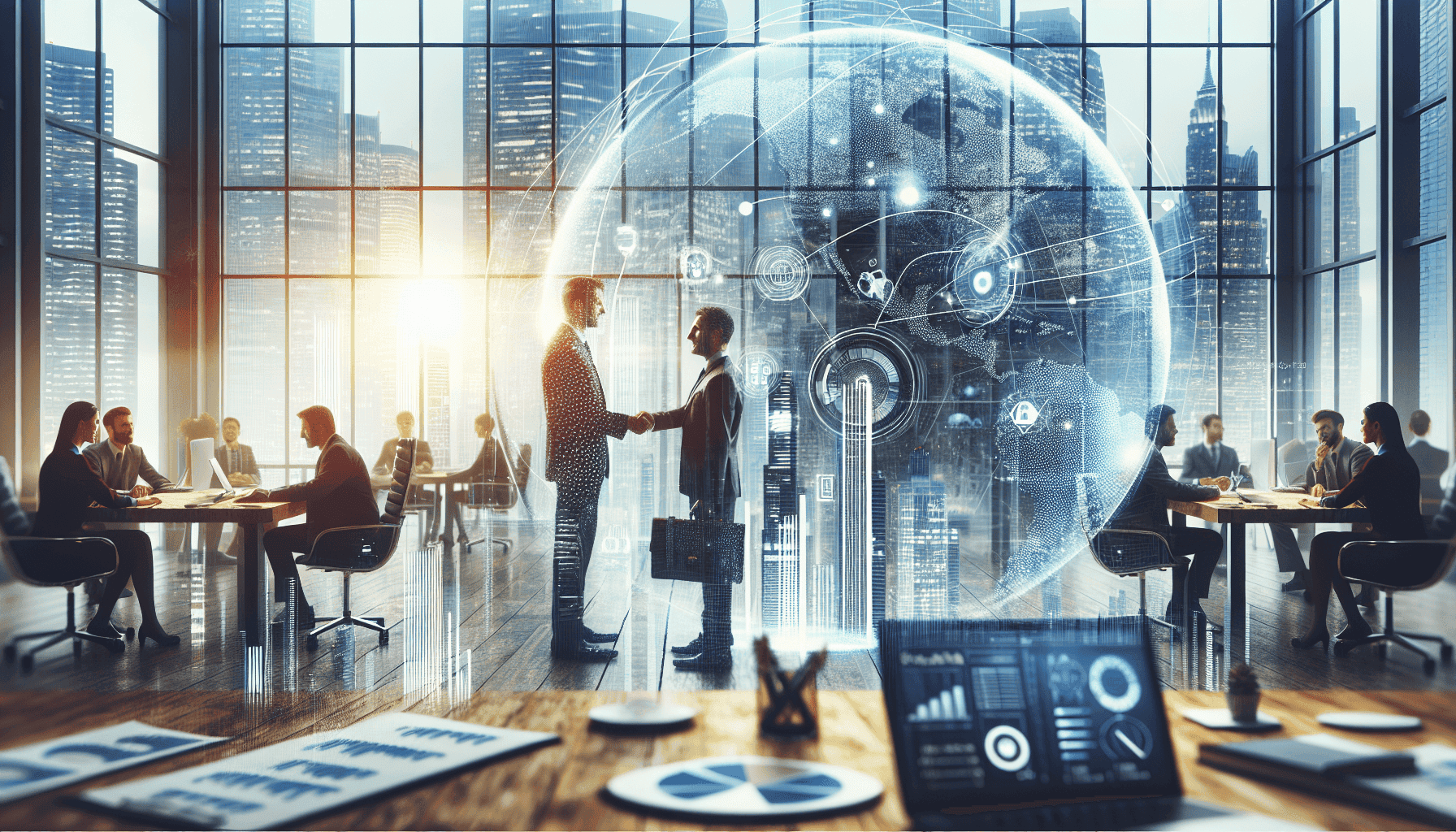 Professional business meeting in a high-rise office with digital technology and city skyline, emphasizing corporate collaboration and modern workspace environment.