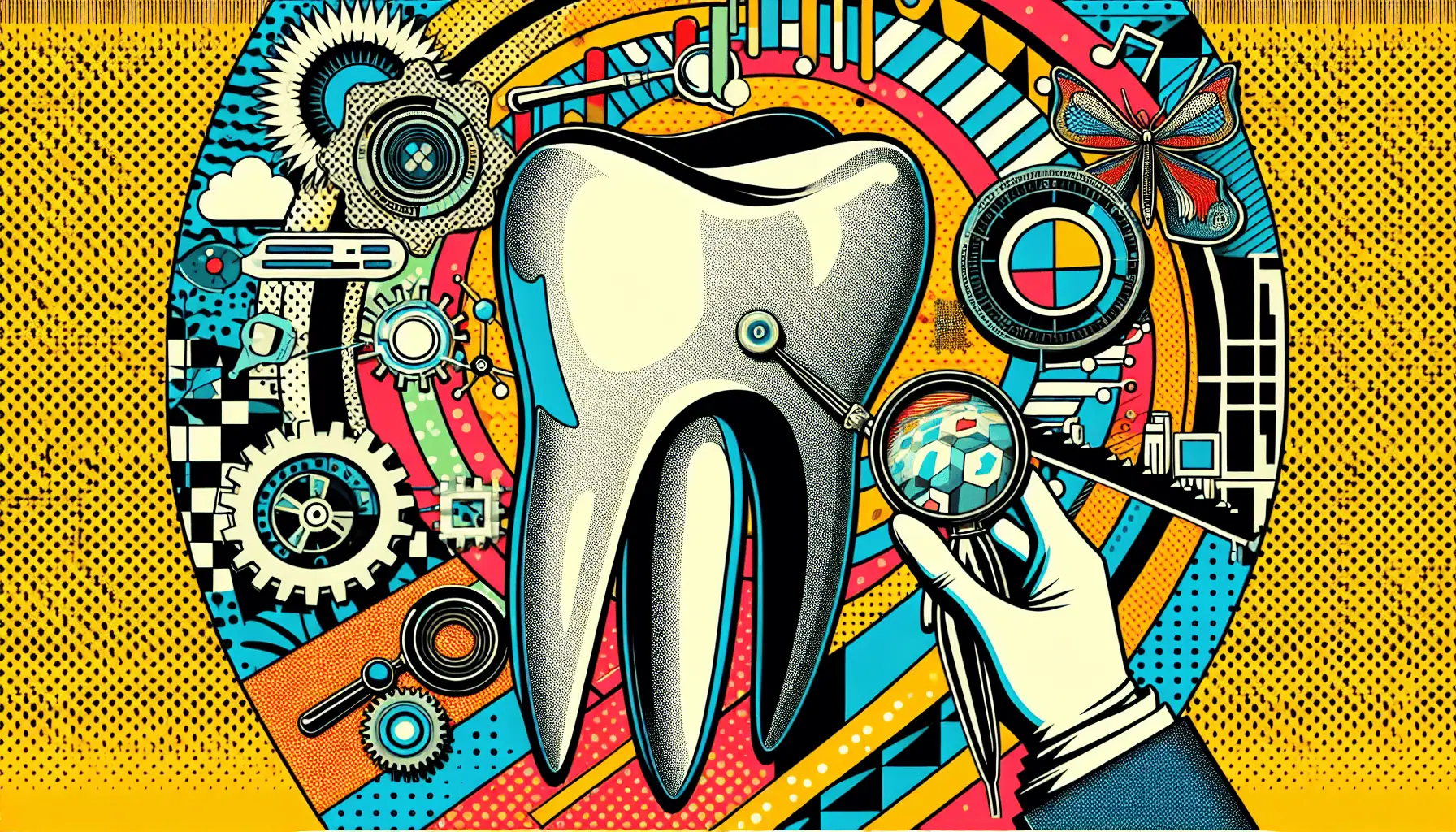 A detailed illustration of a tooth surrounded by dental tools and gears, emphasizing dental care, innovation, and SEO optimization for dental clinics.