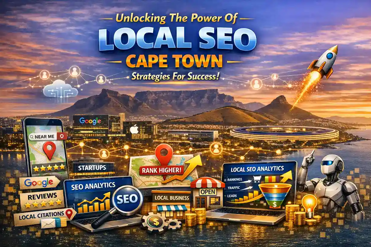 Digital marketing image showcasing local SEO services in Cape Town, including SEO analytics, Google reviews, citations, and ranking strategies for business success.