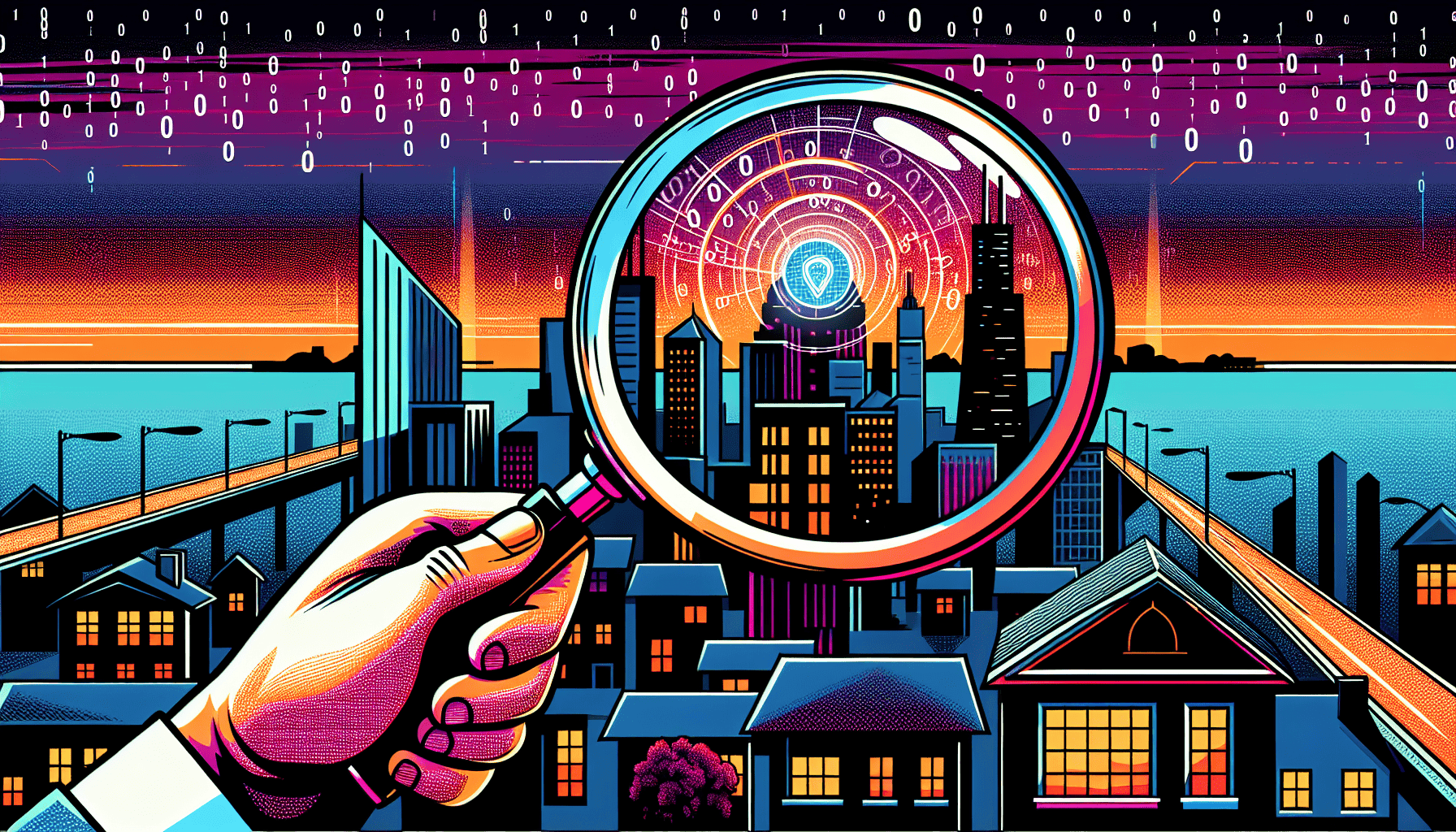 A magnifying glass focusing on a city skyline at night, symbolizing digital marketing, SEO analysis, and online visibility enhancement for businesses.