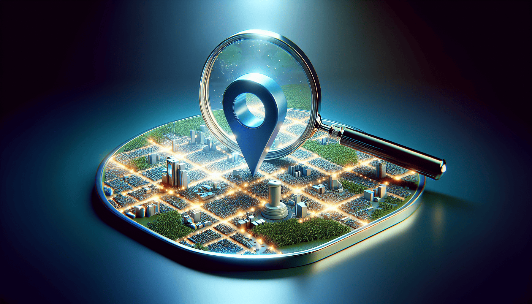 A magnifying glass focusing on a digital city map with a prominent location pin, representing advanced local SEO and digital marketing services for businesses.