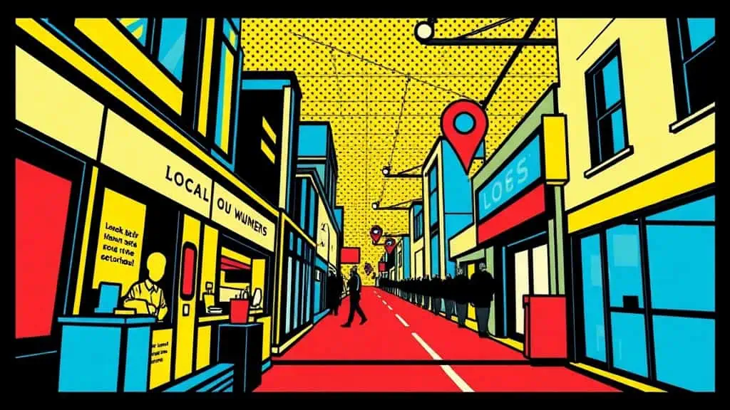 A vibrant, colorful illustration of a city street with shops, pedestrians, and overhead tram lines, emphasizing urban environment and local business activity.