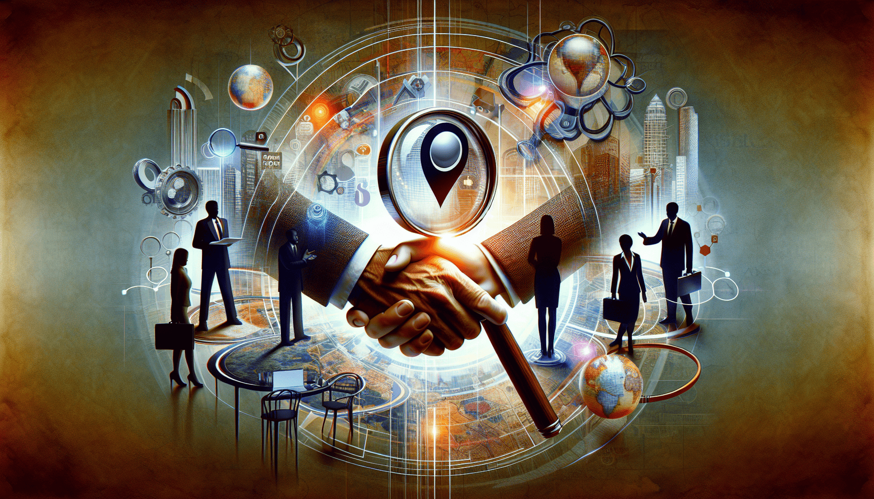 Innovative digital marketing concept with a magnifying glass, global icons, and businesspeople, emphasizing SEO, online visibility, and targeted marketing strategies.