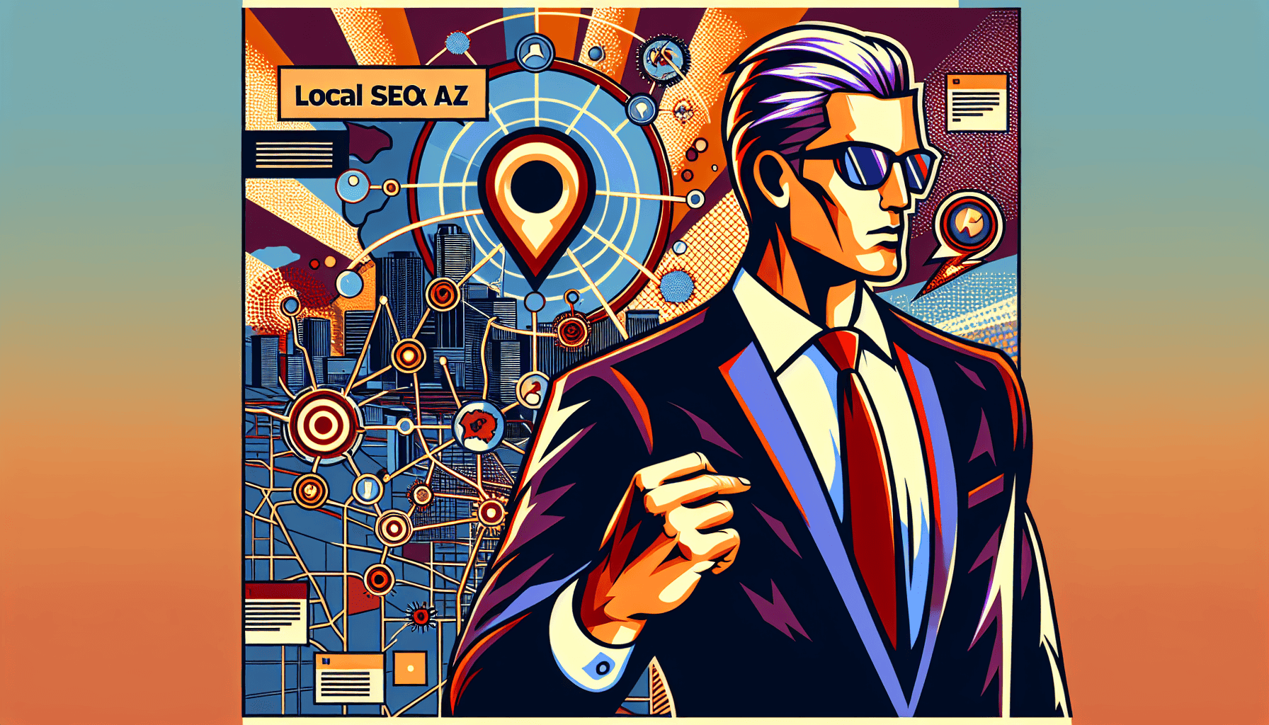 Modern illustration of a professional man in a suit with sunglasses, surrounded by digital marketing icons and a location pin, representing local SEO services and online visibility optimization.