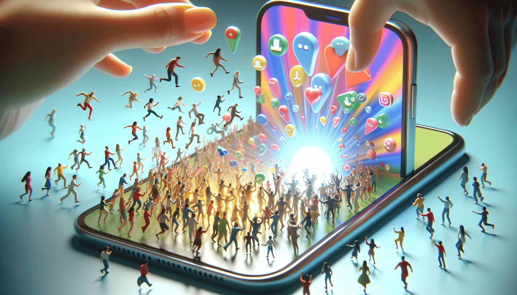 Digital marketing concept showing a smartphone with app icons and a crowd of people emerging from the screen, representing app promotion, SEO, and online marketing strategies.