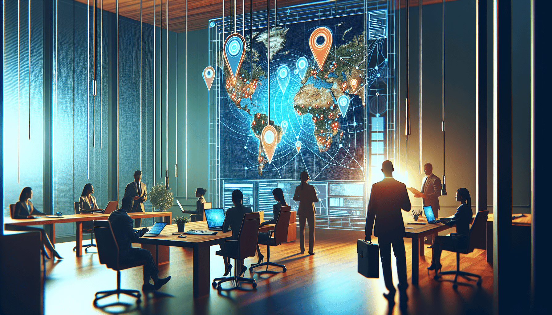 Business meeting in a high-tech conference room with a digital world map and location markers, emphasizing global SEO strategies and digital marketing solutions.
