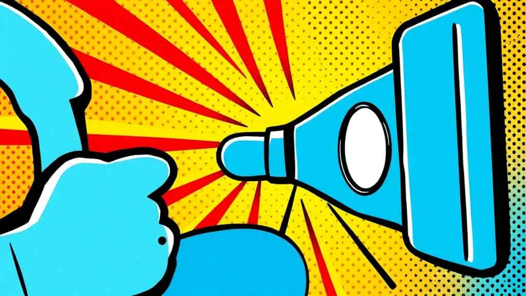 Illustration of a blue megaphone with a hand giving a thumbs-up, symbolizing digital marketing and SEO promotion, set against a vibrant yellow background with red rays.