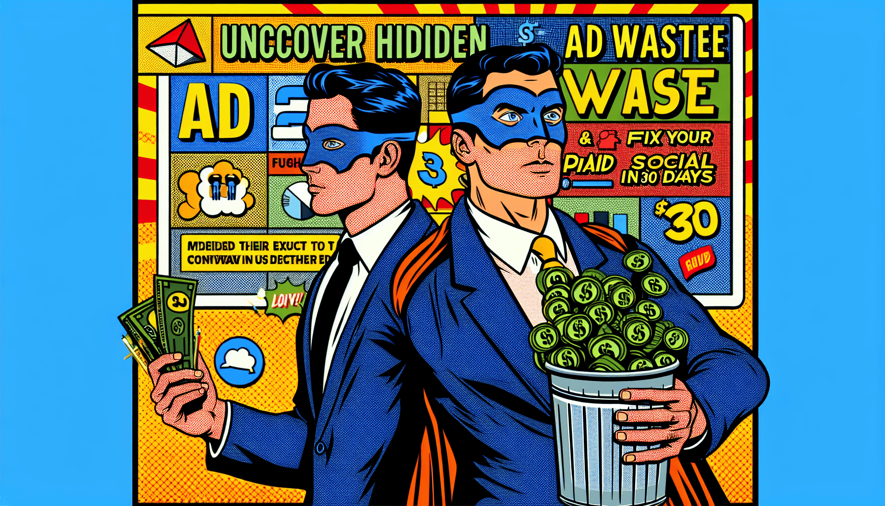 Colorful comic-style illustration of two men in suits and masks holding cash and a trash can filled with money, promoting SEO and online marketing services for maximum visibility.