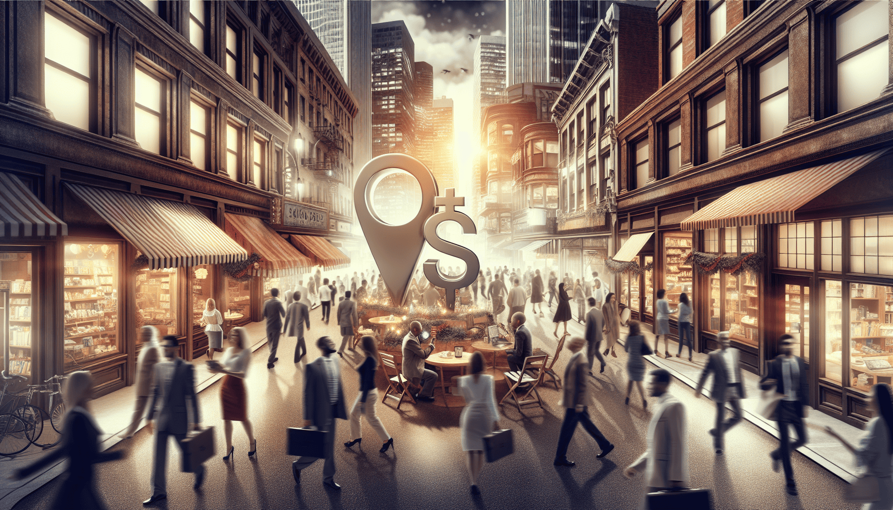 Vibrant city street scene with pedestrians, outdoor cafes, and tall buildings at sunset, highlighting urban lifestyle and commerce, perfect for SEO and local business visibility.