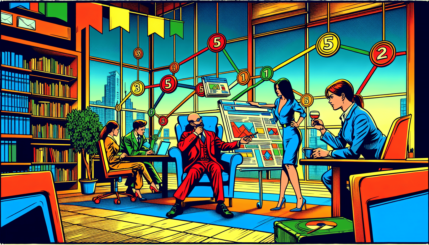 A vibrant, colorful illustration of a diverse team working together in a modern office with charts, graphs, and digital devices, emphasizing SEO and digital marketing strategies.