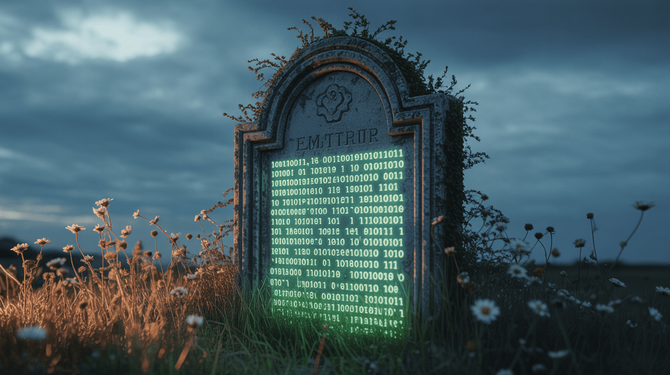 Digital data and binary code on a tombstone representing SEO, digital marketing, and online visibility services offered by SEO Clicks Pro.