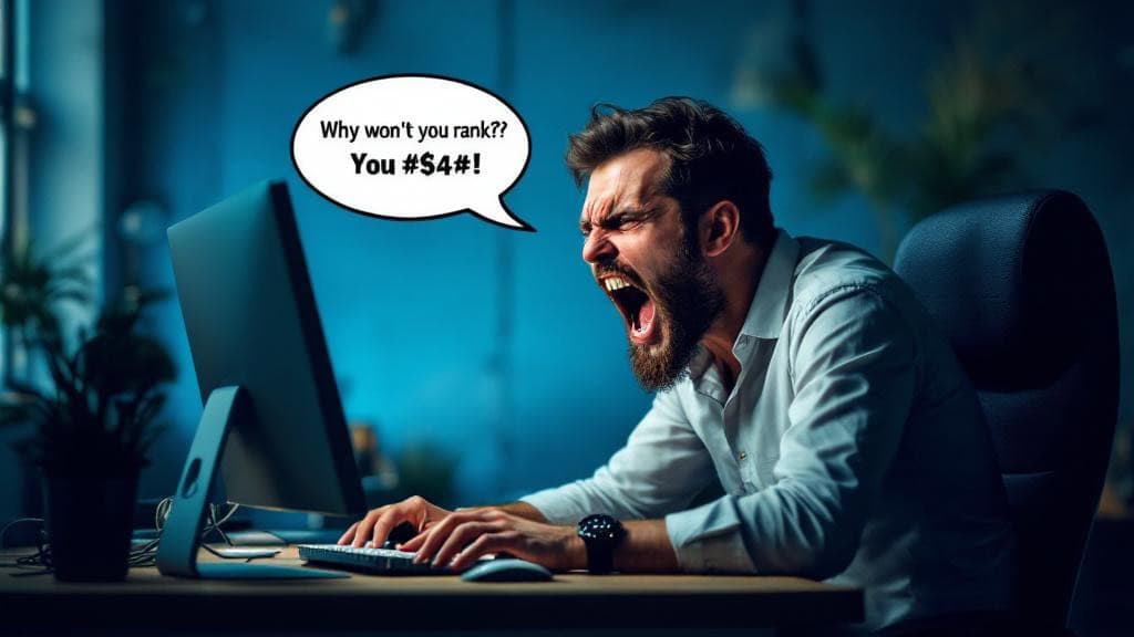 SEO Clicks Pro - Rank Higher with Expert SEO Strategies Frustrated man yelling at computer with speech bubble saying "Why won't you rank?? You $4$#!" demonstrating SEO challenges and the need for professional SEO services.