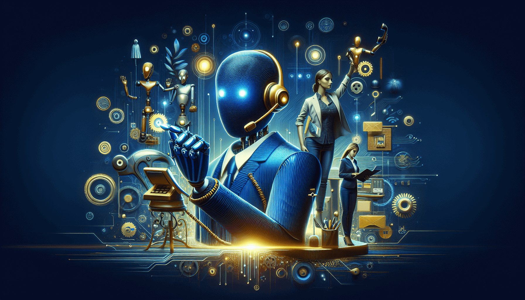 AI phone assistant and live answering service icons with digital communication elements, illustrating customer support solutions and automation technology.