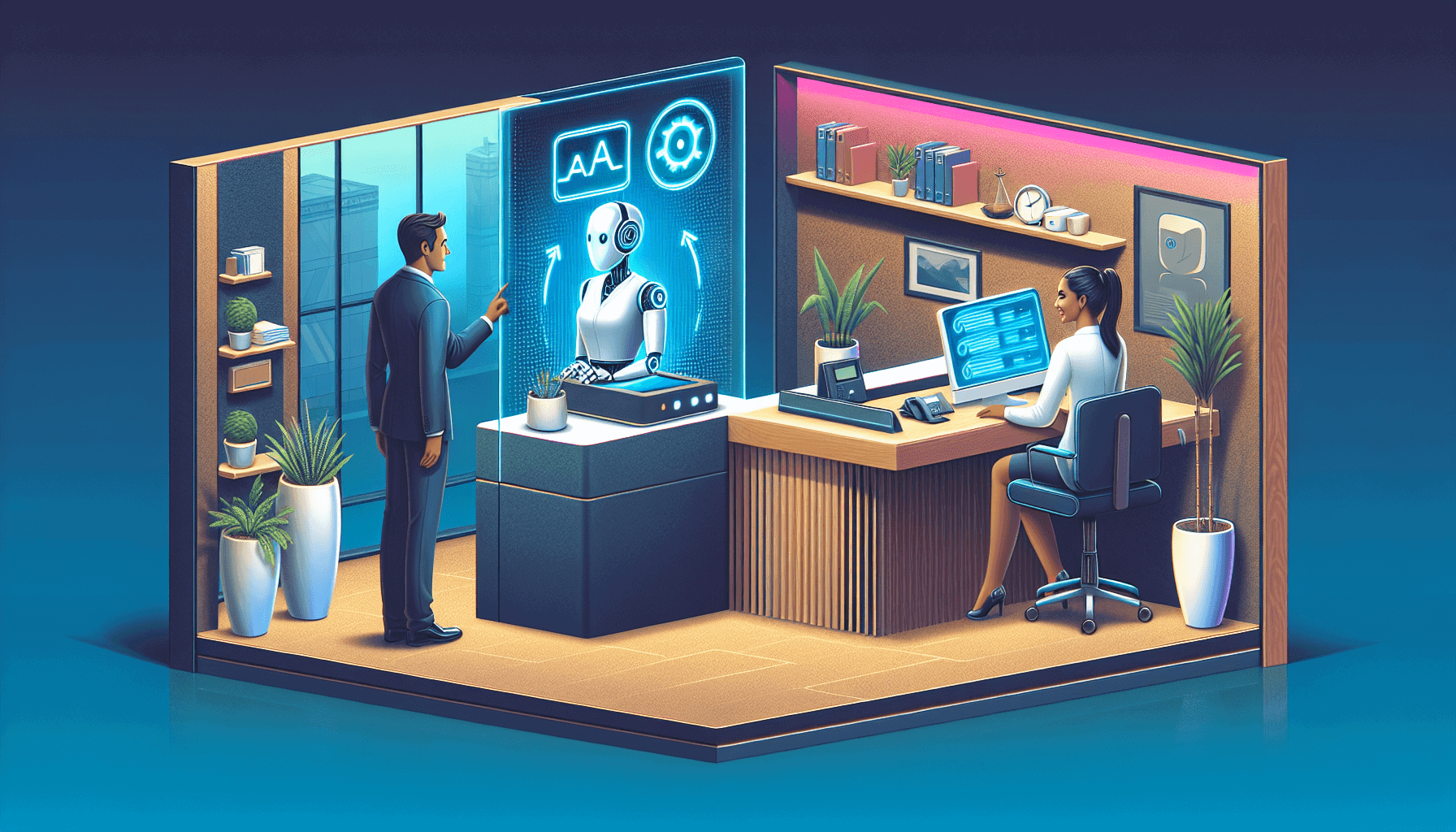 AI receptionist and human receptionist in a modern office, showcasing automation and human interaction, highlighting AI vs human receptionist benefits for business efficiency.