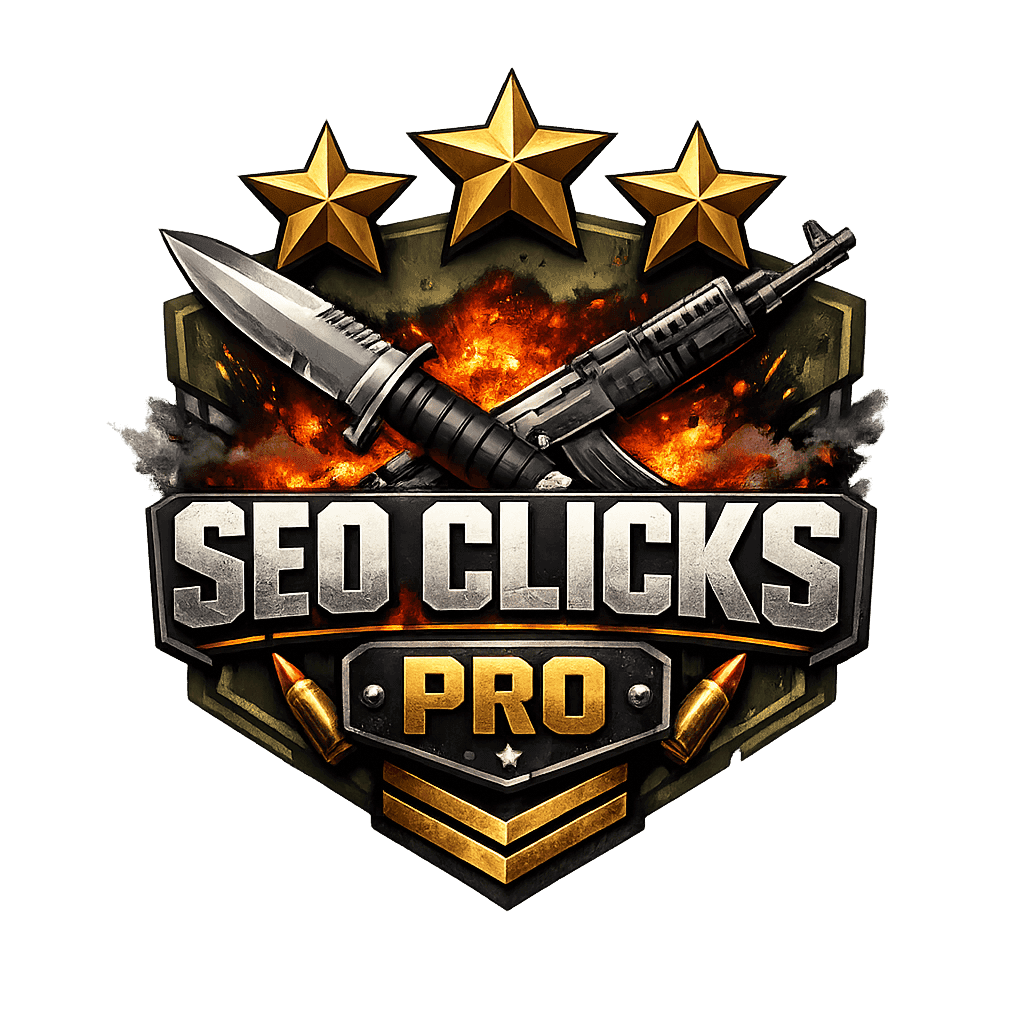 SEO Clicks Pro badge featuring stars, weapon, and explosive effects, emphasizing SEO, digital marketing, and online advertising expertise.