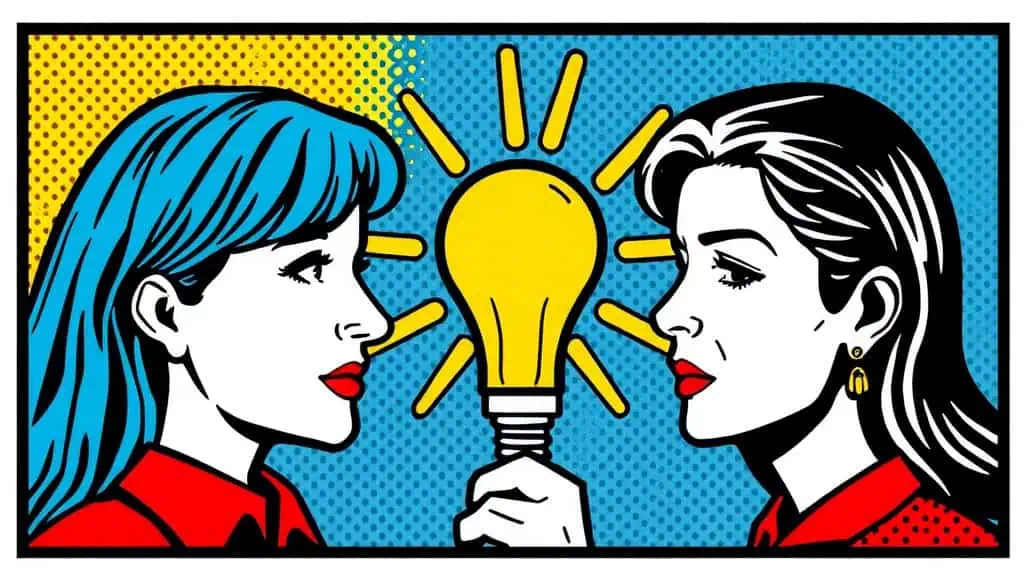 Two women in a pop art style facing each other with a lightbulb between them, symbolizing ideas and collaboration, representing SEO strategies and digital marketing expertise.