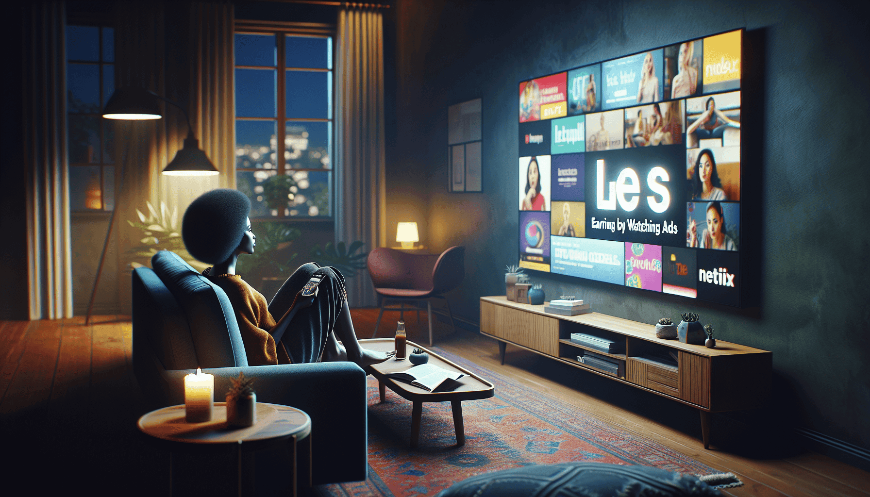 Person watching streaming content on a large TV screen in a cozy living room, with a focus on digital entertainment, streaming services, and watching ads for movies and shows.