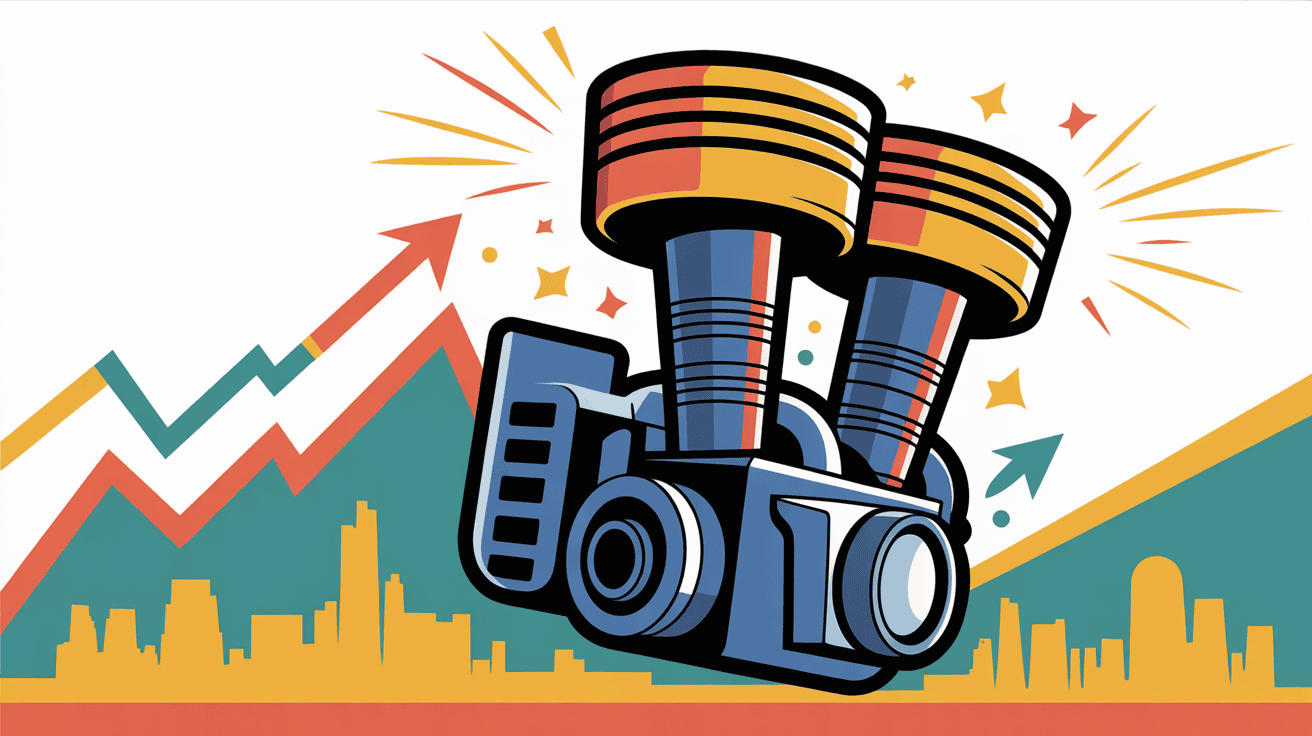 Illustration of binoculars with upward trending graphs and city skyline, symbolizing SEO growth, digital marketing, and online visibility enhancement.