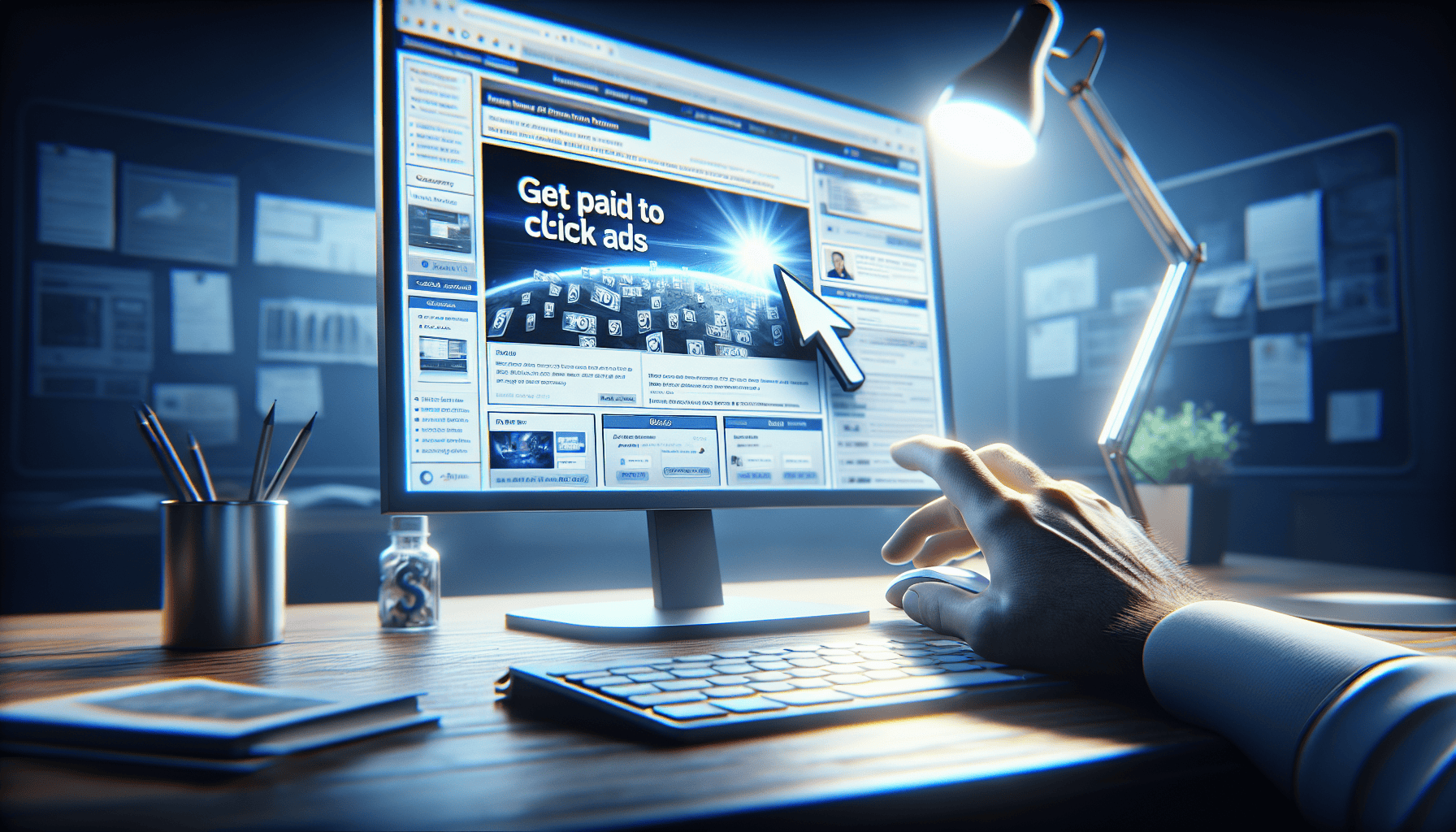Desktop computer displaying a "Get paid to click ads" webpage, with a person's hand clicking on the screen, representing online advertising, paid clicks, and digital marketing services.
