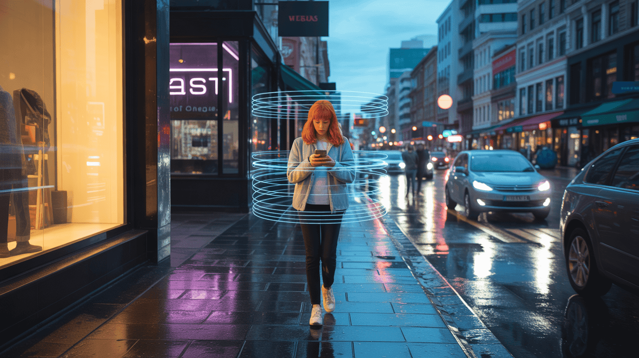 City street at night with woman walking and using smartphone, illuminated storefronts, cars, and reflections on wet pavement, showcasing urban lifestyle and technology use.
