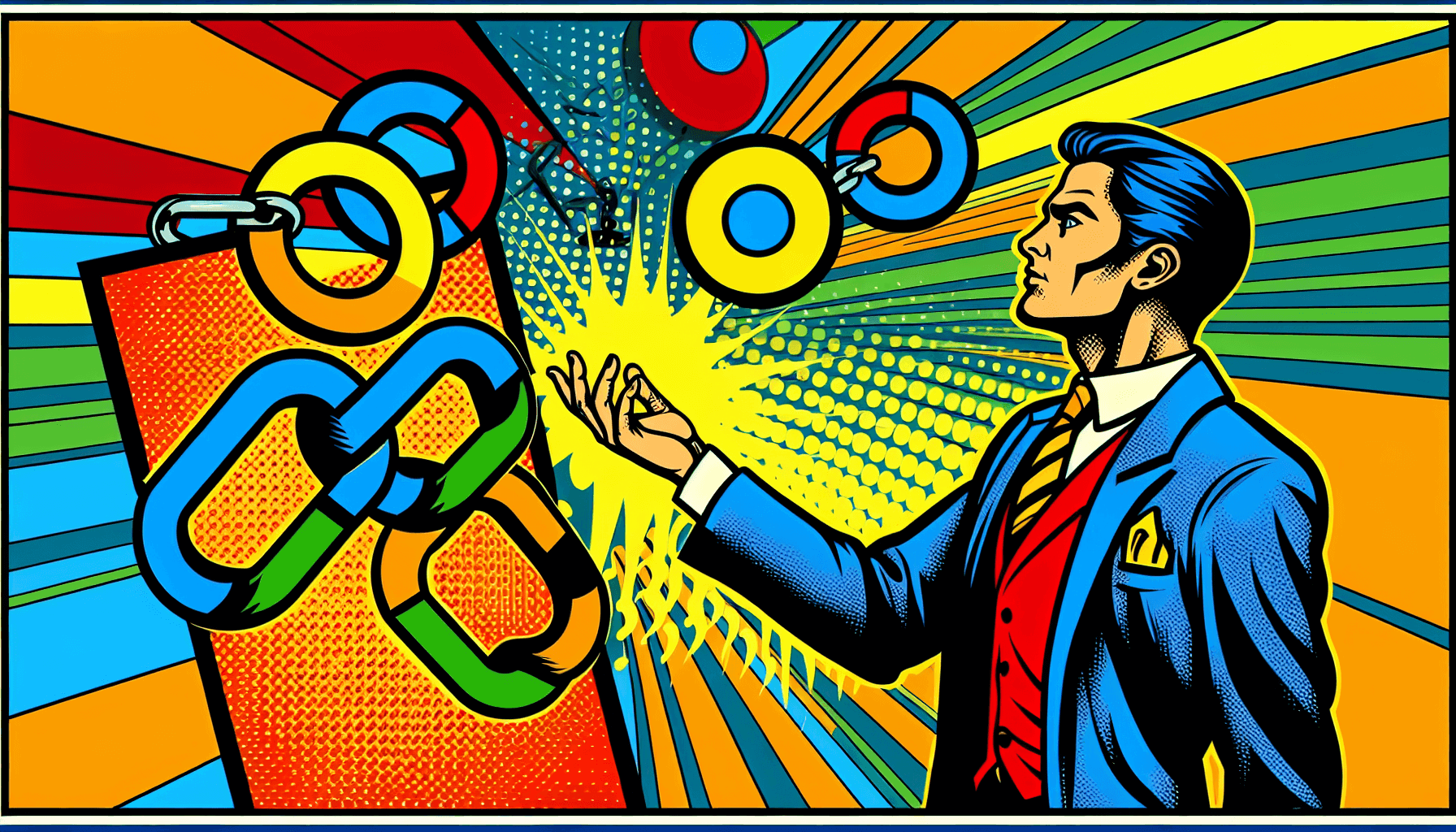 Illustration of a businessman connecting links with colorful chains, representing effective link building strategies to improve SEO rankings and outrank competitors.