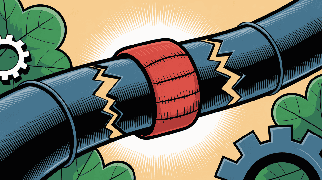 Illustration of a pipeline with gears and a red connector, symbolizing SEO optimization, digital marketing, and website performance enhancement.