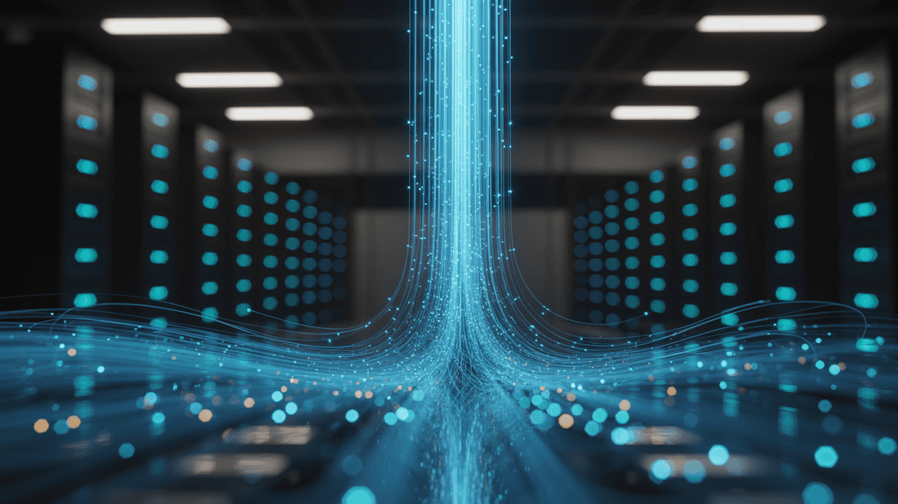 High-tech data center with digital data streams and server racks, illustrating advanced network infrastructure and data processing technology for SEO and cloud computing.