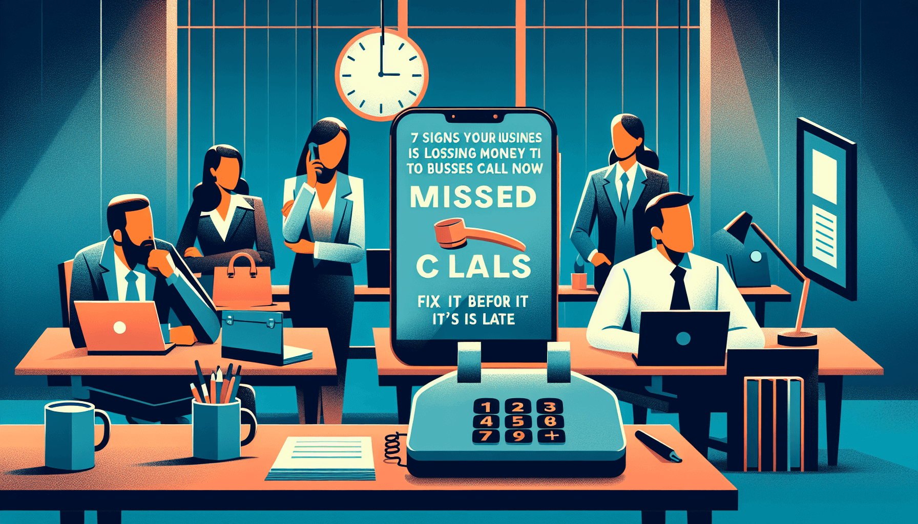 Business office scene highlighting missed calls and the importance of managing customer calls to prevent revenue loss, with team members working at desks and a prominent sign about missed calls.